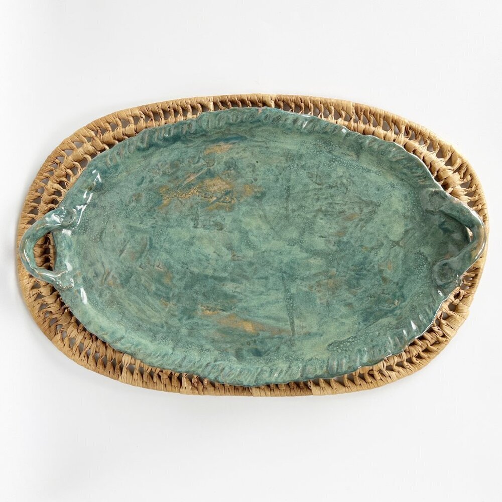 Vintage Handmade Ceramic Rustic Coastal Serving Platter Tray Flat Dish Hand Made